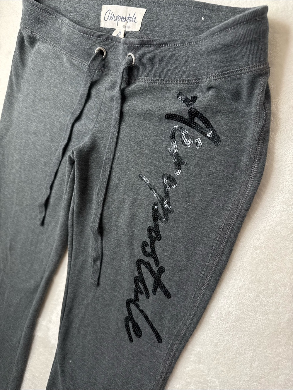 Aeropostale - Y2k Low-rise Flare Charcoal Gray Script Logo Drawstring Sweatpants - Picture 3 of 13